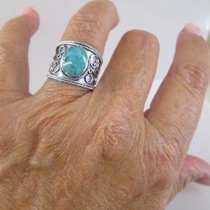 Wide Sterling Genuine TURQUOISE Bali Ring>Bali Cigar Band,925 Turquoise Ring